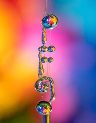 Hanging water droplets on a blurred rainbow backdrop show optical distortions