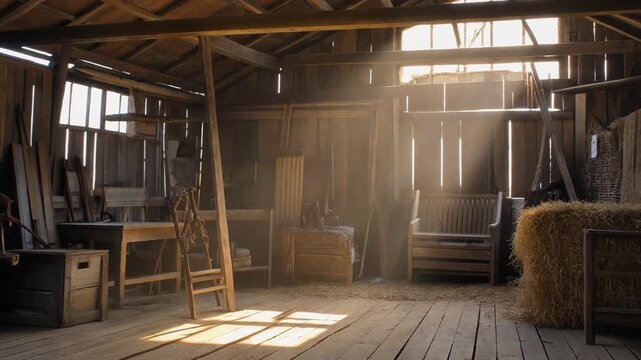 Weathered barn interior with sunlit dust and rustic wooden beams creating warm, dappled patterns