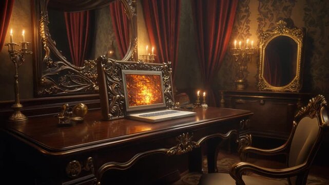 Dark ornate desk with gilded carvings and glowing fireplace artwork in a candlelit victorian study