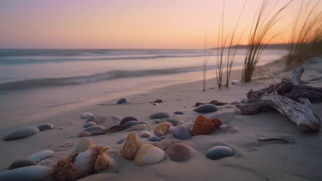 Serene beachscape at golden hour with gentle waves, smooth sands, and driftwood
