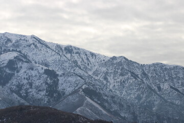 Naklejka premium Snow Covered Mountain Slopes Under Overcast Winter Sky