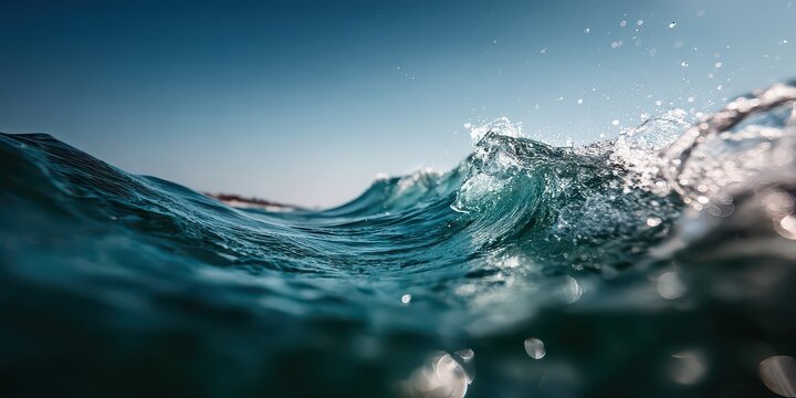 Ocean Wave Forming with Splashes of Water Under Clear Blue Sky in Sunlight Creating Serene Seascape Perfect For Coastal Scenes And Nature Photography
