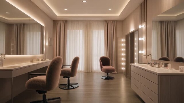 Serene beauty salon interior bathed in warm diffuse light, plush seating and elegant vanities