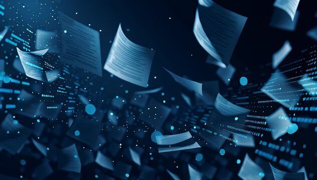 Abstract image of floating documents and data particles, rendered in blue hues