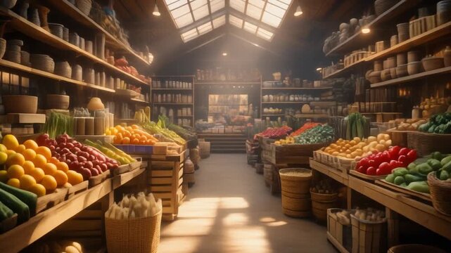 Spacious rustic market aisle lined with fresh produce and wooden shelves