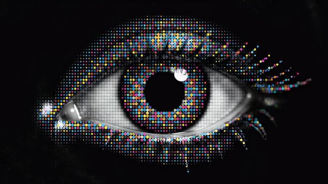 A close-up of a human eye with a colorful, pixelated digital effect on the iris and eyelashes, set against a dark background.
