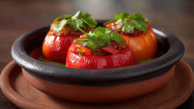 Realistic depiction of traditional Peruvian rocoto relleno stuffed peppers garnished with fresh herbs in a rustic earthen dish