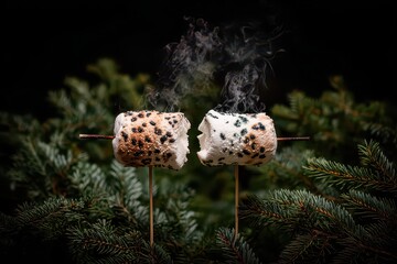 Two Roasted Marshmallows on Sticks with Sprinkles and Rising Smoke Against Green Pine Branches Dark Background Food Photography