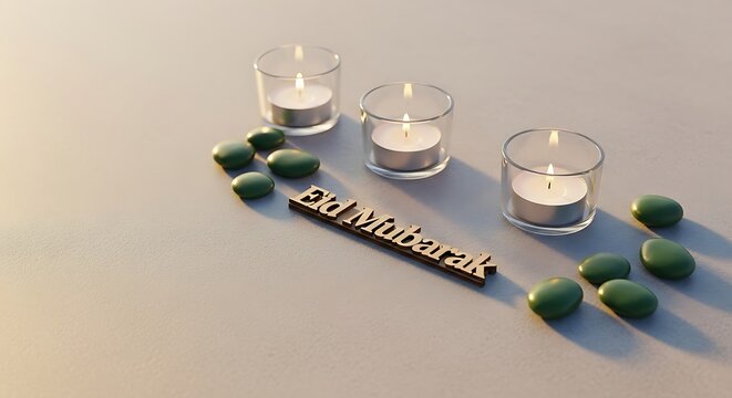 Three Glowing Tealight Candles with Green Stones and Shani Dev Wooden Sign for Shani Amavasya or Diwali