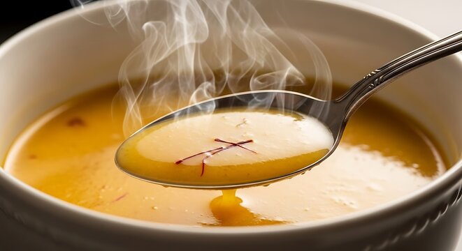 Steaming Hot Saffron Soup or Custard Spoonful Gourmet Healthy Warm Comfort Food Closeup