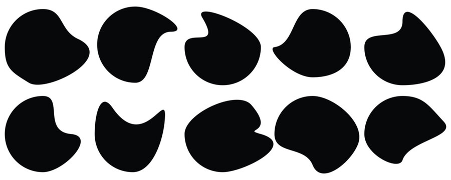 Black abstract blobs collection, organic shapes with unique outlines, design element.  Collection of various black abstract shapes on white background seamless pattern. Vector illustration.