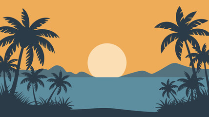 Obraz premium Tropical island beach sunset landscape illustration palm tree silhouettes ocean mountains evening vacation travel scene