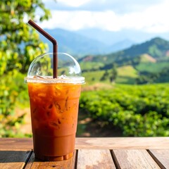Iced drink in plastic cup with a straw on wooden surface with mountainous, lush landscape background in daytime