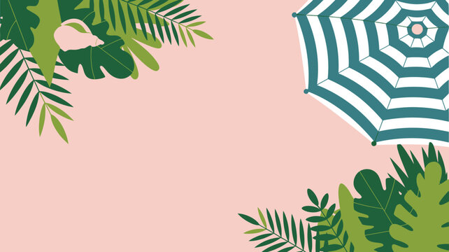 Tropical leaves border illustration with a striped beach umbrella on a soft pink background with copy space