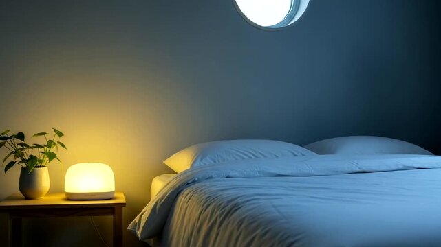 Cozy bedroom with bedside lamp and plant at night.