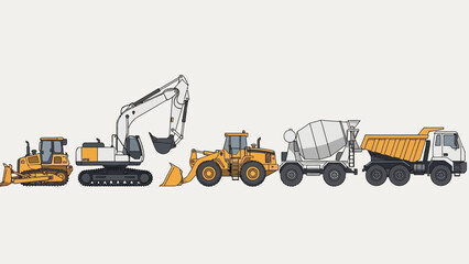 Heavy machinery lineup featuring excavator, bulldozer, grader, dump truck, and loader on a plain background from a straight viewpoint © Mourning