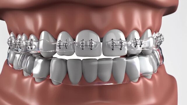Close-up view of human teeth with clear orthodontic braces and aligner.