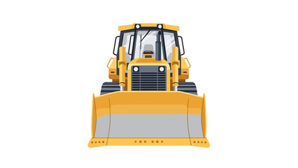 Front view of a heavy yellow bulldozer with a large blade and clear windshield in an industrial setting