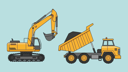 Heavy Machinery in Action at a Construction Site, Featuring Excavator and Dump Truck, Vector Illustration © Mourning