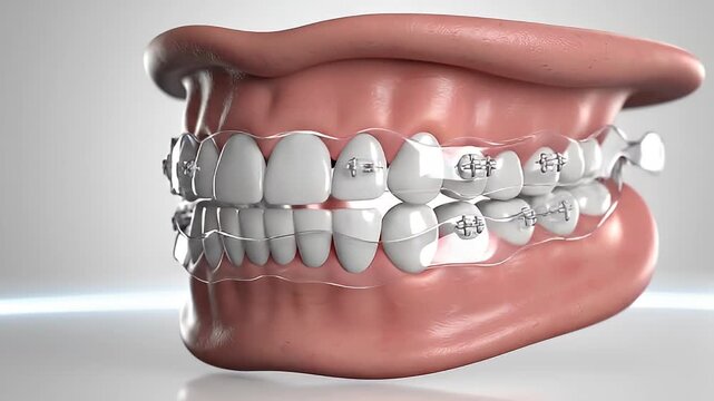 3D rendering of a human jaw with teeth and metal dental braces for orthodontic treatment.