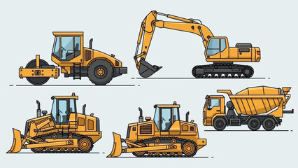 Heavy machinery collection featuring excavators, bulldozers, and dump trucks on a plain background from a straightforward viewpoint © Mourning