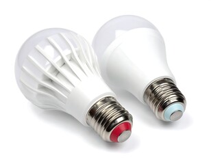 Two different LED lightbulbs against white background, one lit