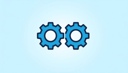 Obraz premium Two linked mechanical gears in blue outline, on a light blue gradient