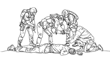 Obraz premium Line drawing of soldiers providing first aid to a fallen comrade