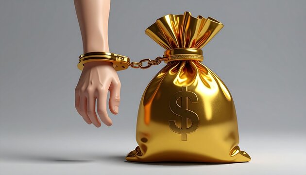 Financial trap concept &ndash; human hand chained to large golden money bag with handcuffs