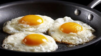 Three Sunny Side Up Eggs Sizzling in a Silver Frying Pan Against Dark Background in Bright Lighting Perfect for Breakfast and Culinary Concepts