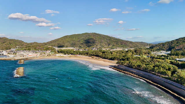 Sakurai, Itoshima and Nishinoura, Nishi Ward, Fukuoka, Japan &ndash; Aerial Drone View of Futamigaura Couple Stones, Torii Gate, Rocky Coastline, Japan Beach, Mountain Forests, Coastal Town, Farmland