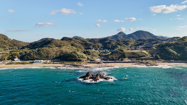 Sakurai, Itoshima and Nishinoura, Nishi Ward, Fukuoka, Japan &ndash; Aerial Drone View of Futamigaura Couple Stones, Torii Gate, Rocky Coastline, Japan Beach, Mountain Forests, Coastal Town, Farmland