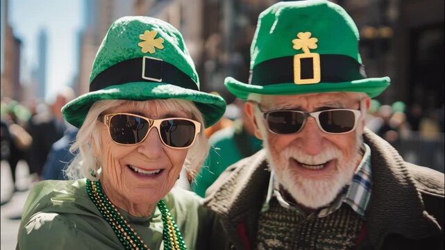 Elderly couple celebrating St. Patrick's Day in green hats at parade 