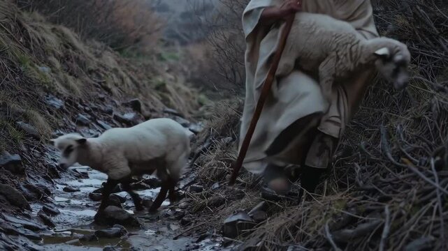 A shepherd searches rain-damp hills, finds a lost sheep caught in thorns, and carries it safely as the clouds begin to break. Gentle pastoral scene symbolizing care and belonging.
