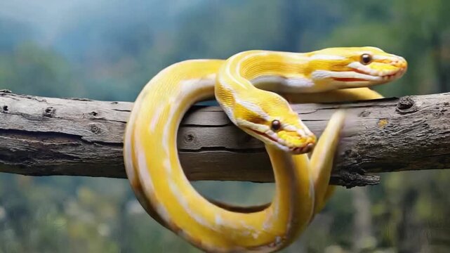 Vibrant yellow snake coiled on tree branch in forest