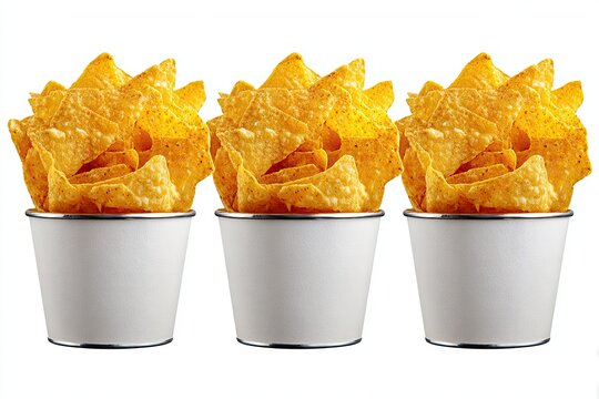 Three White Buckets Filled With Crispy Golden Tortilla Chips Ready for Snacking