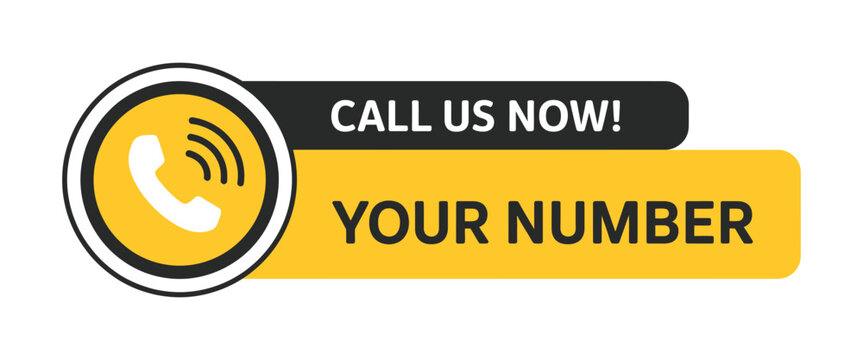 Call us now vector illustration, phone icon for contact details, black and yellow button design.