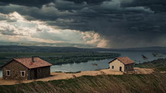 As a storm rolls in, two nearby homes&mdash;one on rock, one on sand&mdash;face rising wind and rain, revealing which foundation endures. Dramatic parable scene with escalating weather and clear cause-effect.