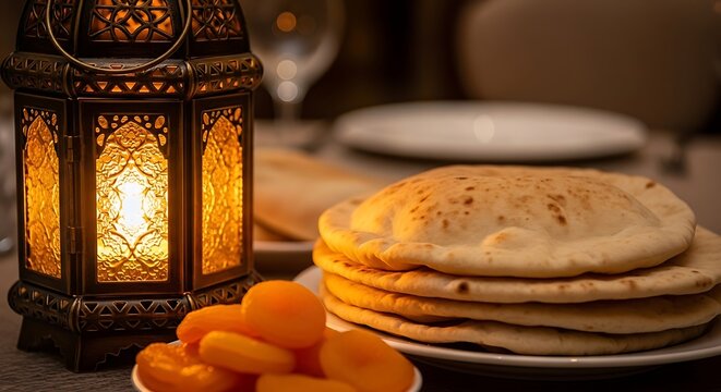 Ramadan Iftar Meal with Traditional Lantern and Fresh Flatbread