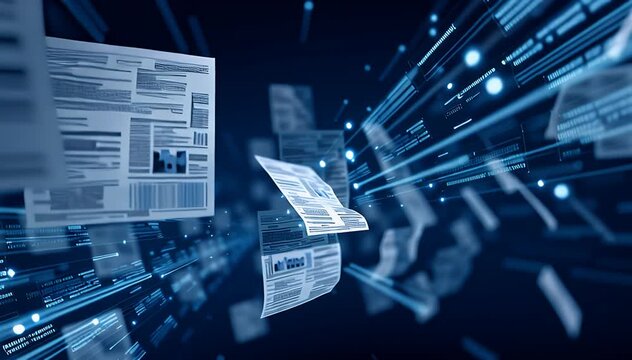 A blue-toned, futuristic scene of documents floating with data streams and glowing lights