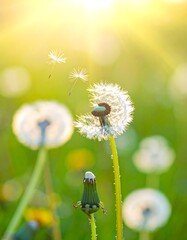 Dandelions glow in a sunny meadow, seeds adrift on a gentle breeze under golden light