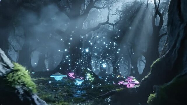 Mystical forest scene with glowing mushrooms and ethereal lights filtering through trees in a