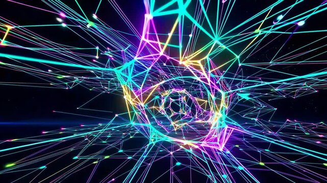 Abstract animation visualizing big data and AI algorithms in colorful futuristic design, ideal for digital backgrounds.