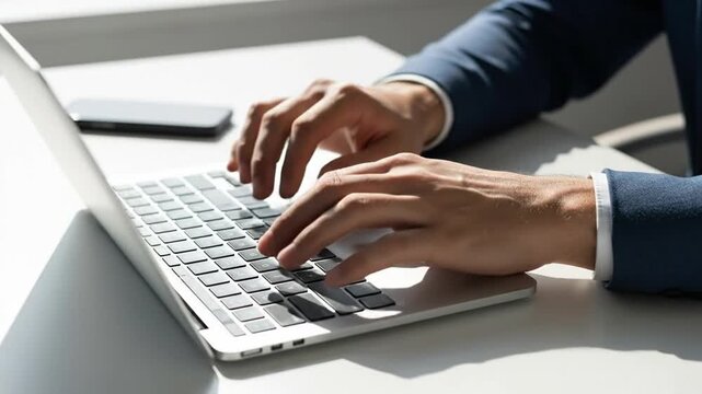 Close-up of a professional person's hands typing diligently on a silver laptop keyboard on a bright desk, showcasing focused work in an office setting.