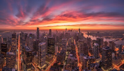Fototapeta premium Panoramic cityscape captures stunning sunset over bustling metropolis
