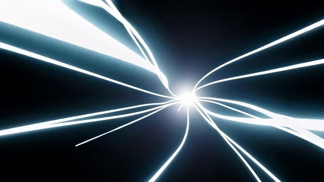 Abstract black-and-white neon linear graphics converging to a center point.