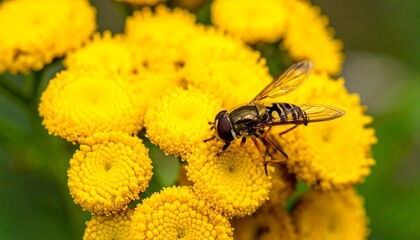 Hoverfly rests on clustered bright yellow tansy flowers. Detailed macro shot showcases nature's beauty