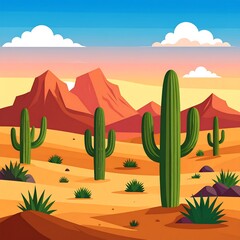 Desert landscape with green cacti, sandy ground, reddish mountains, and a sky with clouds during sunset