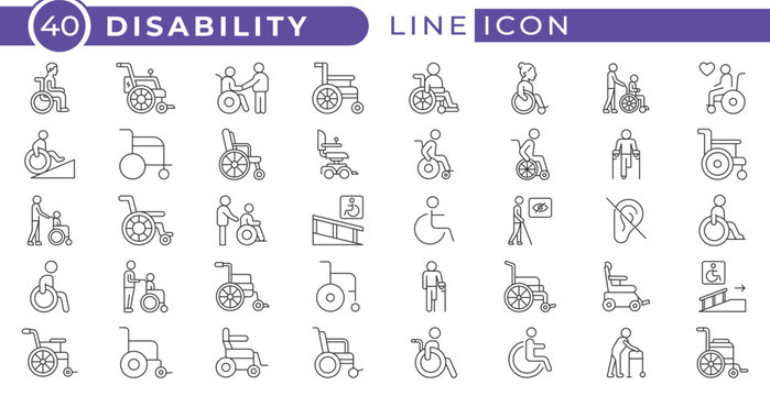 Disability and accessibility outline icon set with wheelchair, blind, deaf, and assistive icons. Related physical and mental development, assistive devices, and more outline icon collection
