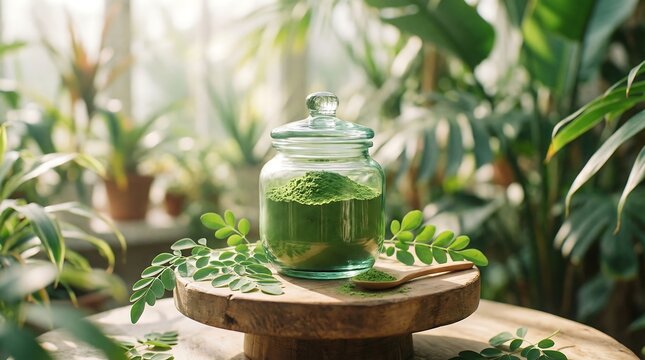 Green moringa powder inside jar. Organic superfood, Herbal leaf or supplement powder